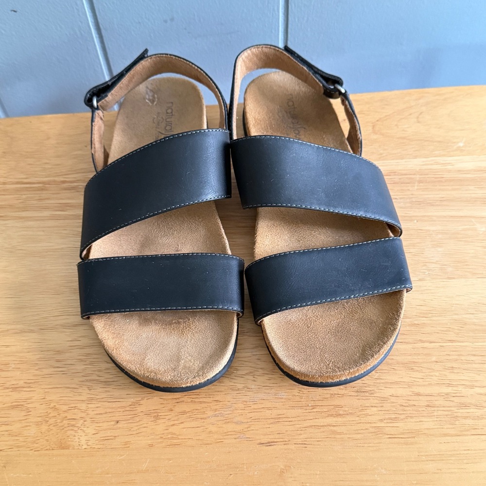 Natural Soul Abbie Black Two Band Slingback Comfort Sandal Womens‎ 7.5M Flat